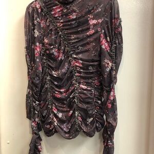 Cinq à Sept Floral Ruched Blouse in Brown and Pink